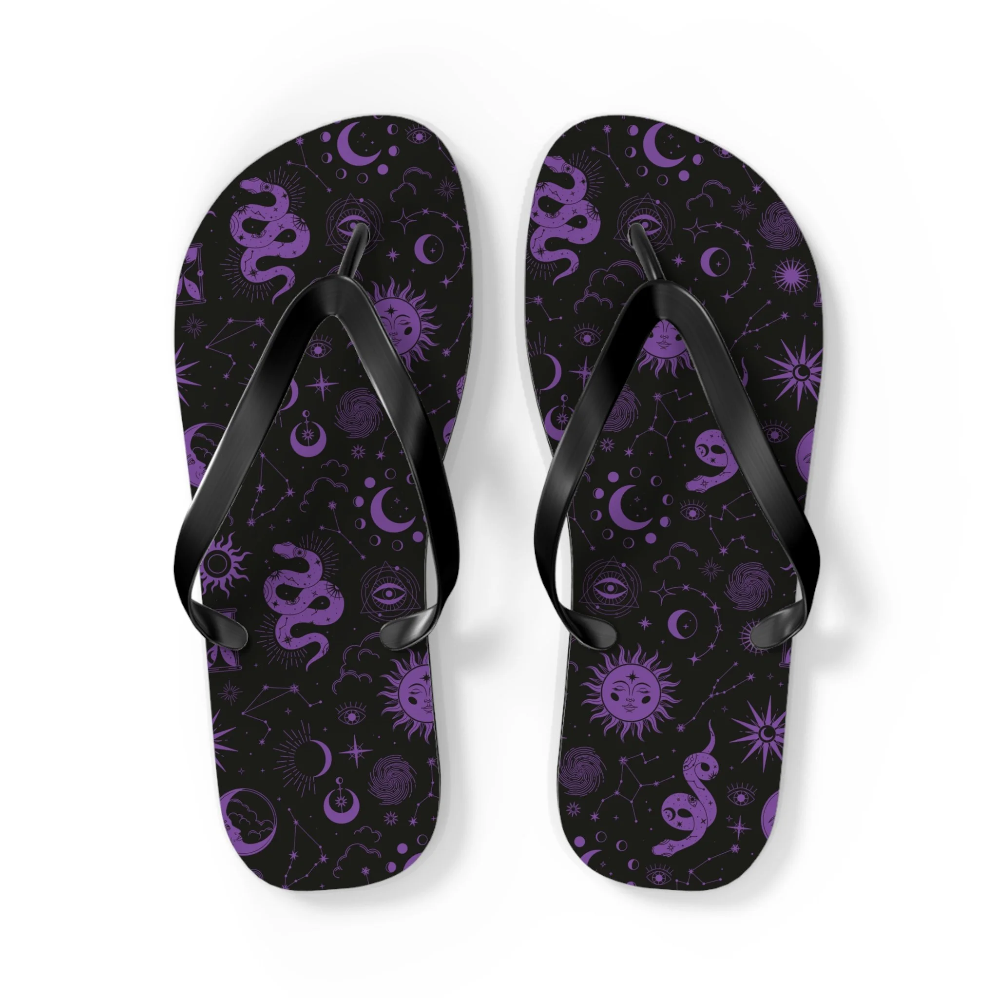 As Above  — Purple Snake & Celestial Pattern Flip Flops