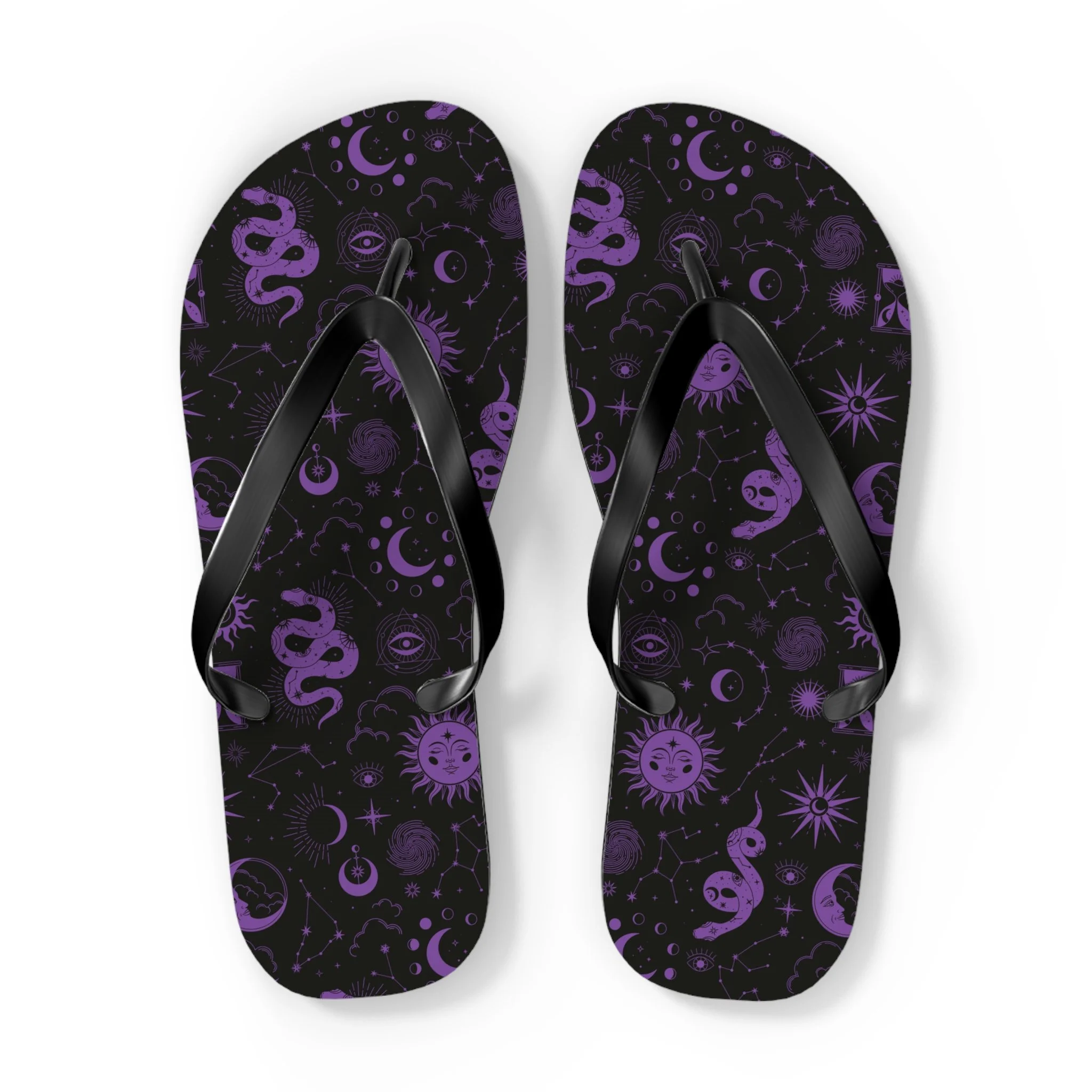 As Above  — Purple Snake & Celestial Pattern Flip Flops