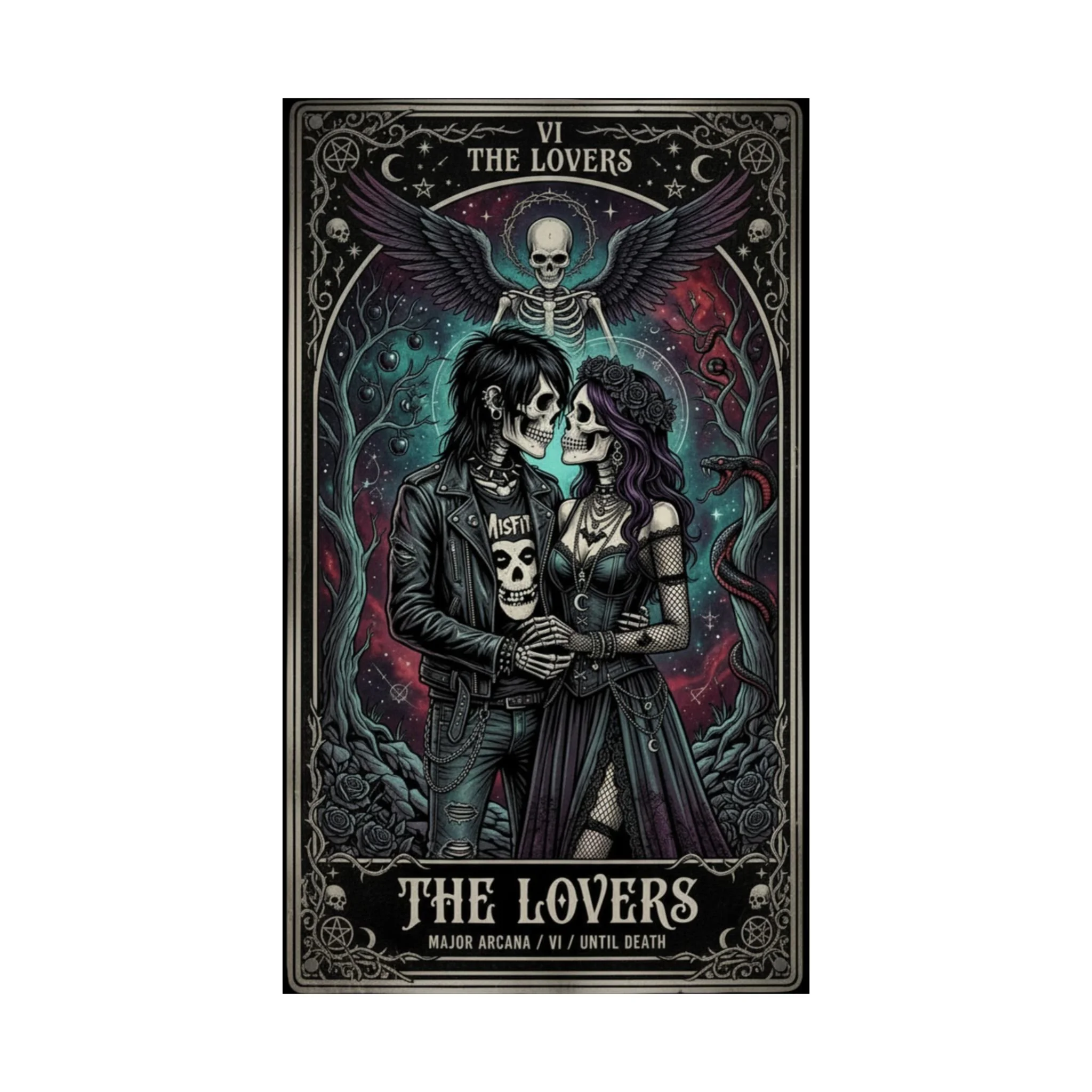 The Lovers Tarot Poster — Gothic Skeleton Couple Matte Vertical Art Print