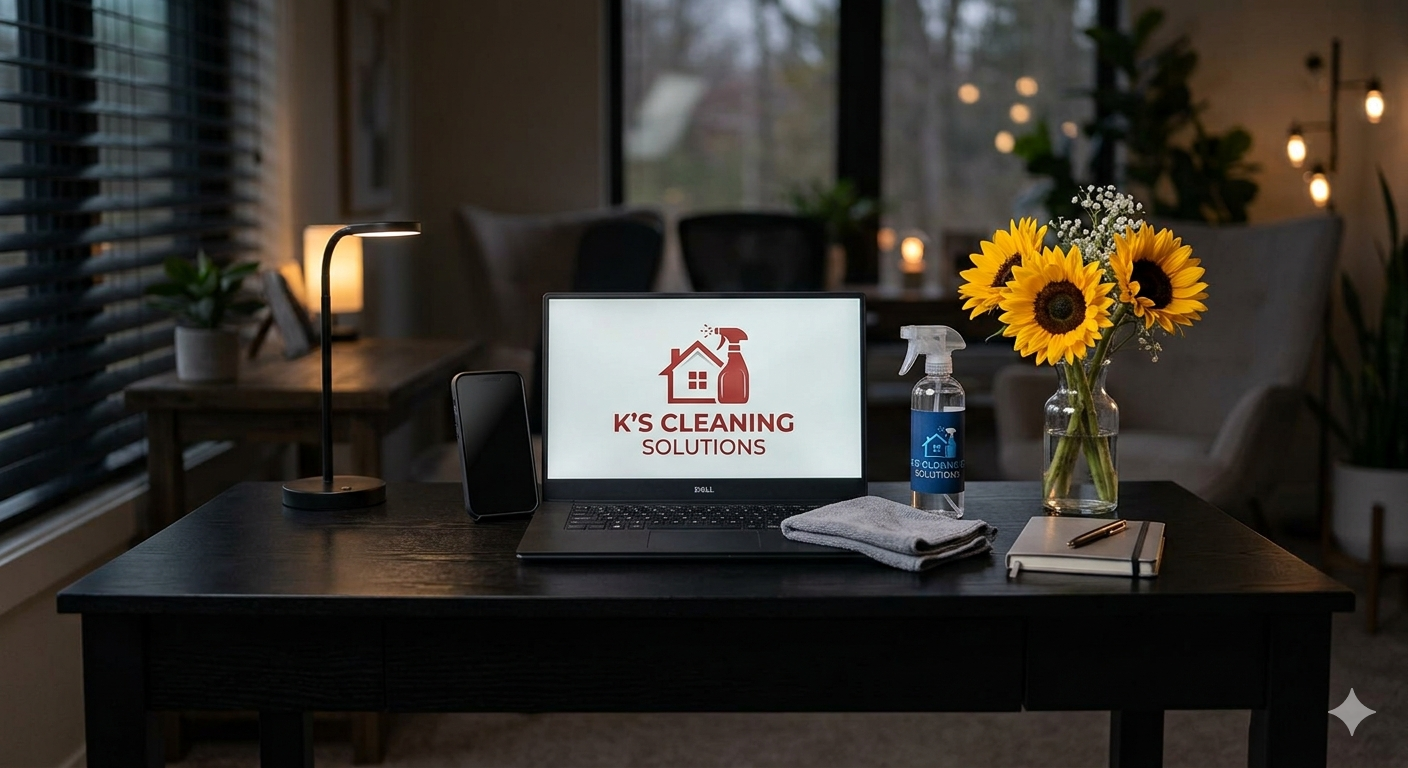 Home office desk with a laptop displaying 'K's Cleaning Solutions' logo, a spray bottle, a gray cloth, a smartphone, a notepad with a pen, a vase of sunflowers, and a small table lamp, in a cozy, softly lit room with large windows.