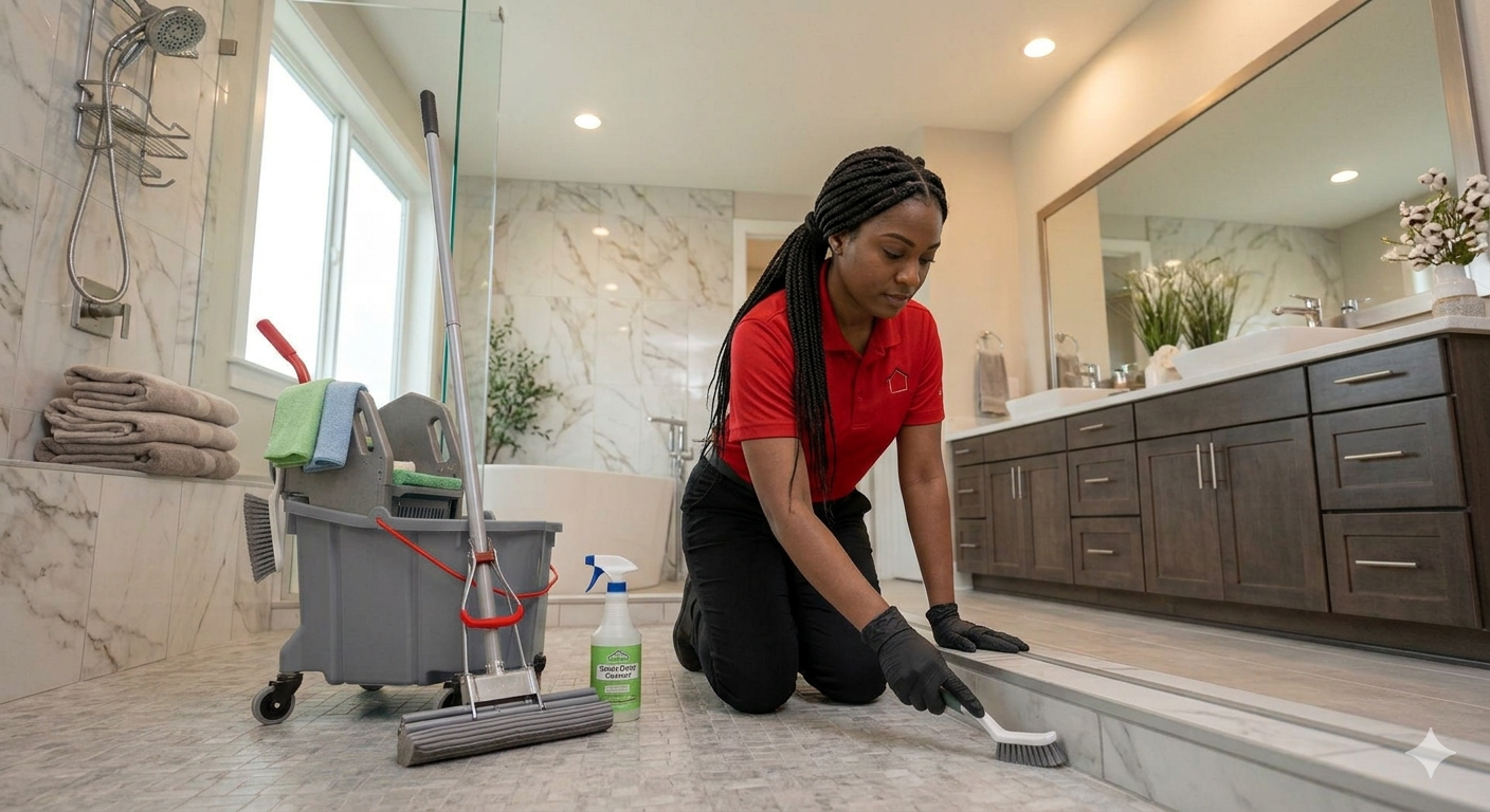 A woman wearing a red shirt and black gloves cleaning grout in a bathroom with a scrub brush. Cleaning supplies and towels are nearby.