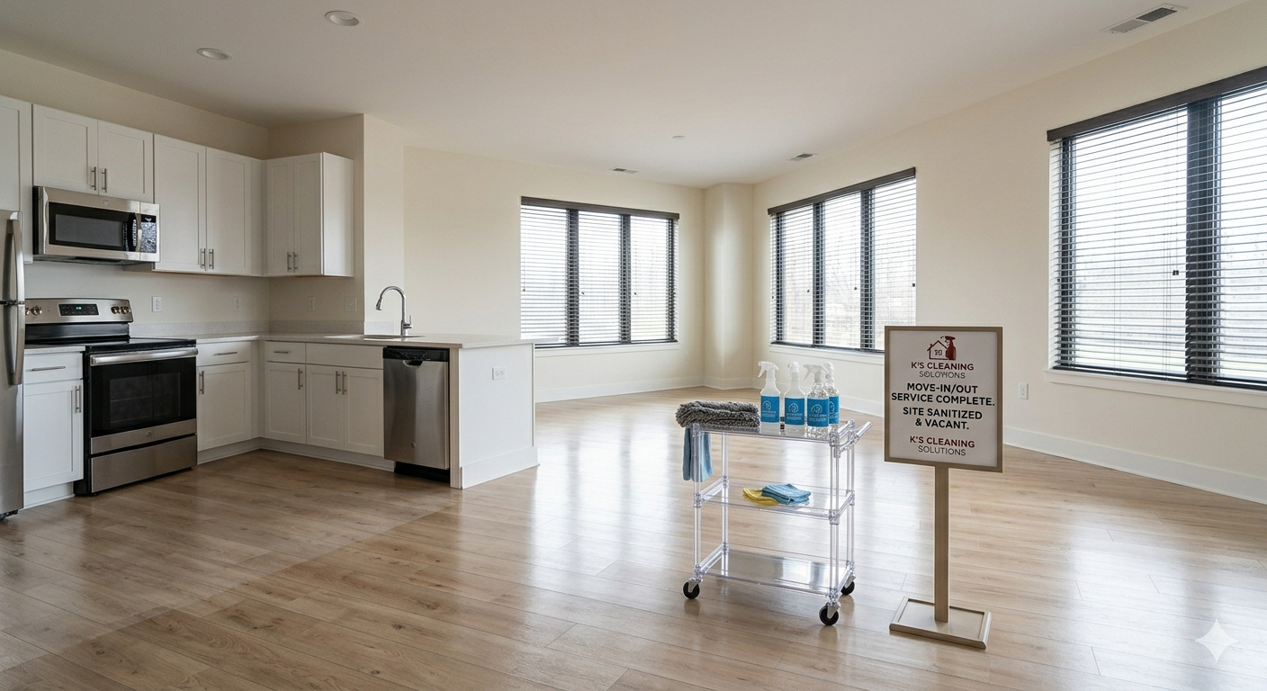 Empty living room and kitchen with cleaning supplies on a cart and a sign indicating cleaning service has been completed, in front of large windows with blinds.