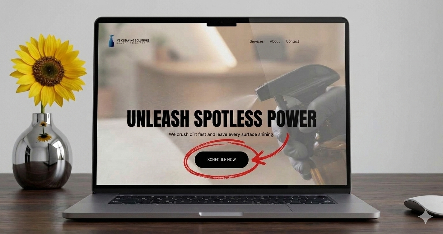 Laptop displaying a cleaning service website with a large 'Unleash Spotless Power' headline, a 'Schedule Now' button, and an image of a person using a spray gun to clean. Next to the laptop, there is a silver vase with a sunflower on a wooden desk, with a white computer mouse on the right.