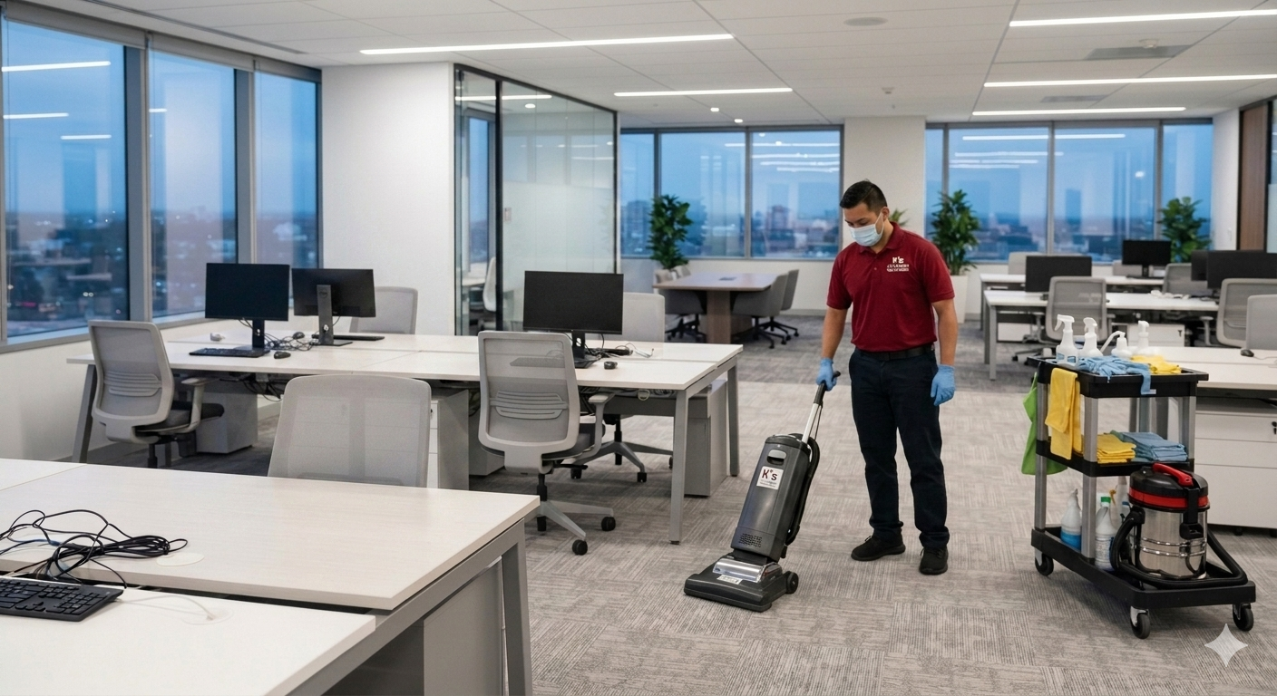 A janitor wearing a mask, blue gloves, and a red uniform is vacuuming an empty office space with desks, chairs, and computer monitors. Cleaning supplies and equipment are on a nearby cart.