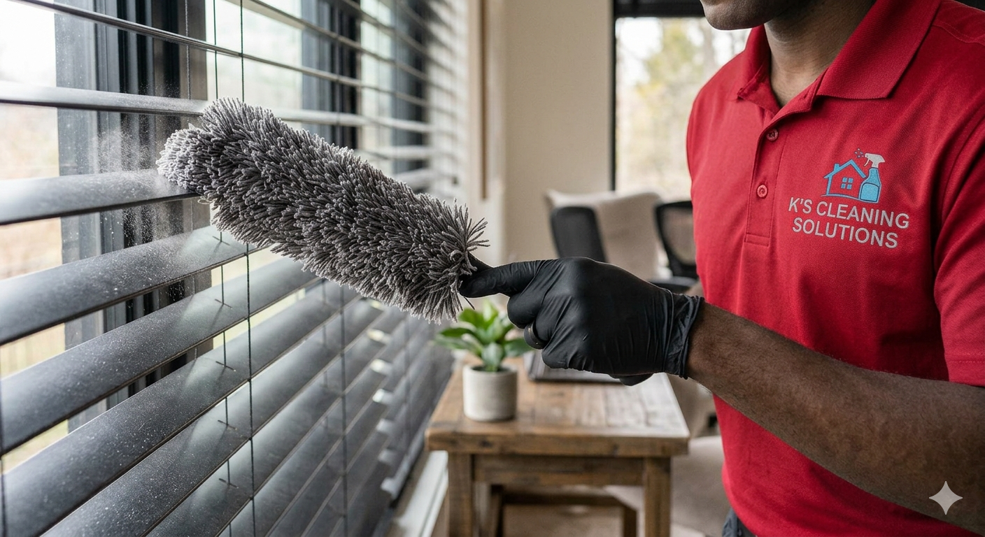 A man in a red polo shirt and black gloves cleaning window blinds with a duster. The shirt has a logo and text reading 'K'S CLEANING SOLUTIONS'. There is a potted plant and a wooden table in the background.