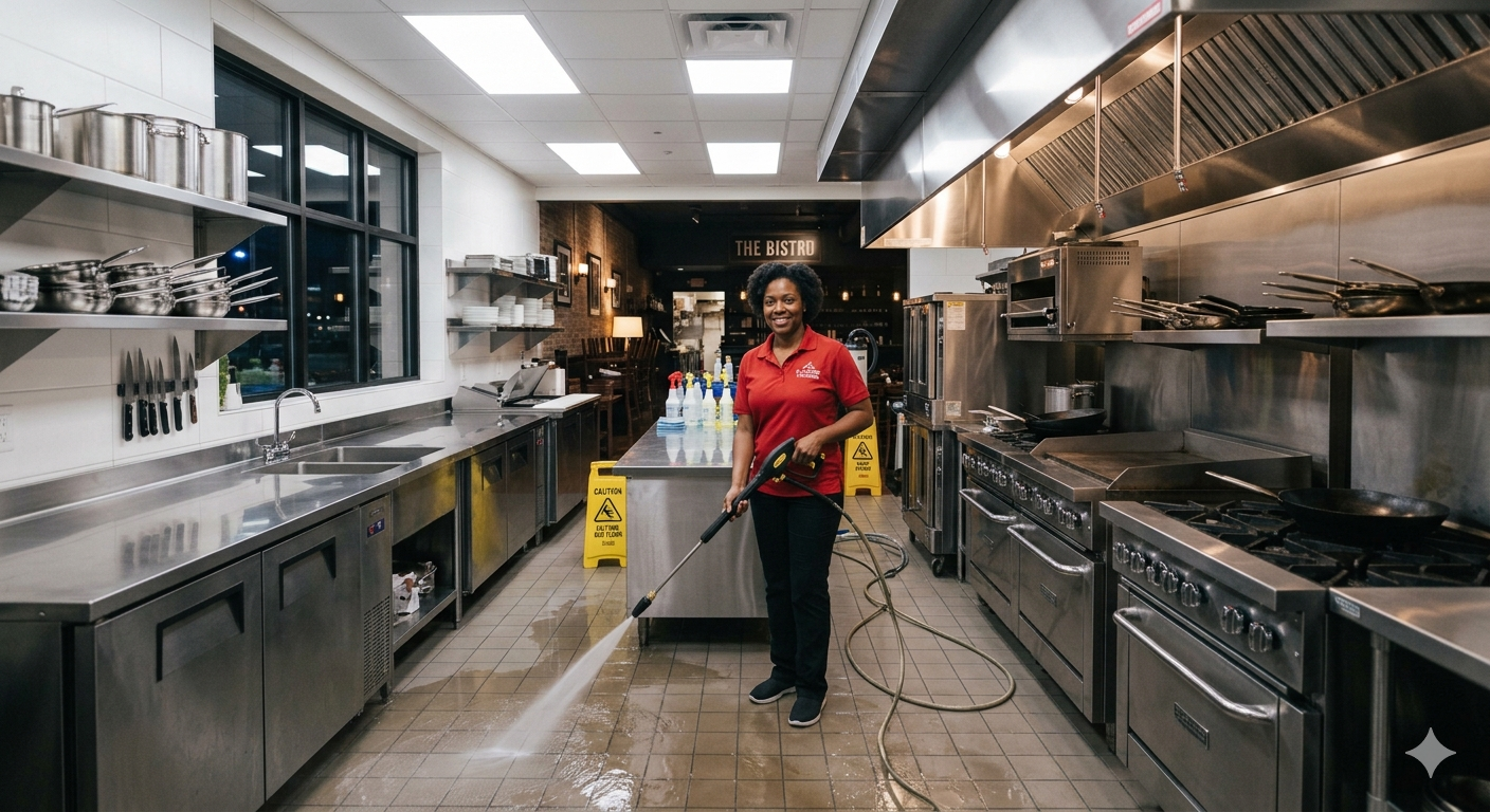 A woman cleaning a commercial kitchen with a spray bottle and a hose, smiling at the camera, with cleaning supplies, stainless steel appliances, and caution signs around.