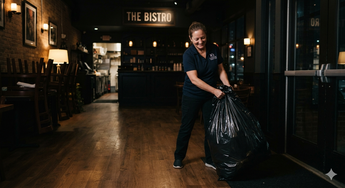 A smiling woman in a dark blue shirt standing inside a dimly lit restaurant, holding a large black trash bag near the entrance.