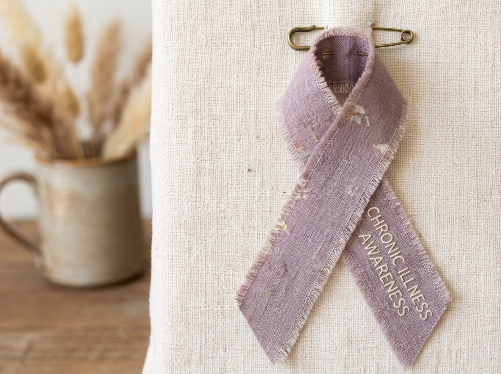 Lavender-colored fabric awareness ribbon with the words 'Chronic Illness Awareness' embroidered on it, hanging on a hook against a textured wall.