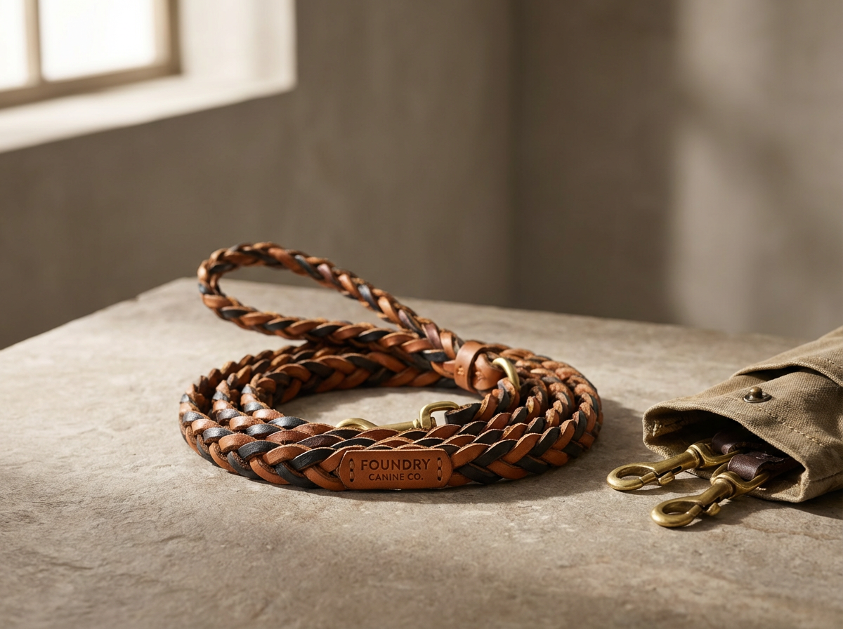 Braided leather dog leash with metal clasps and a leather tag labeled 'Foundry Canine Co.', placed on a concrete surface near a canvas bag.