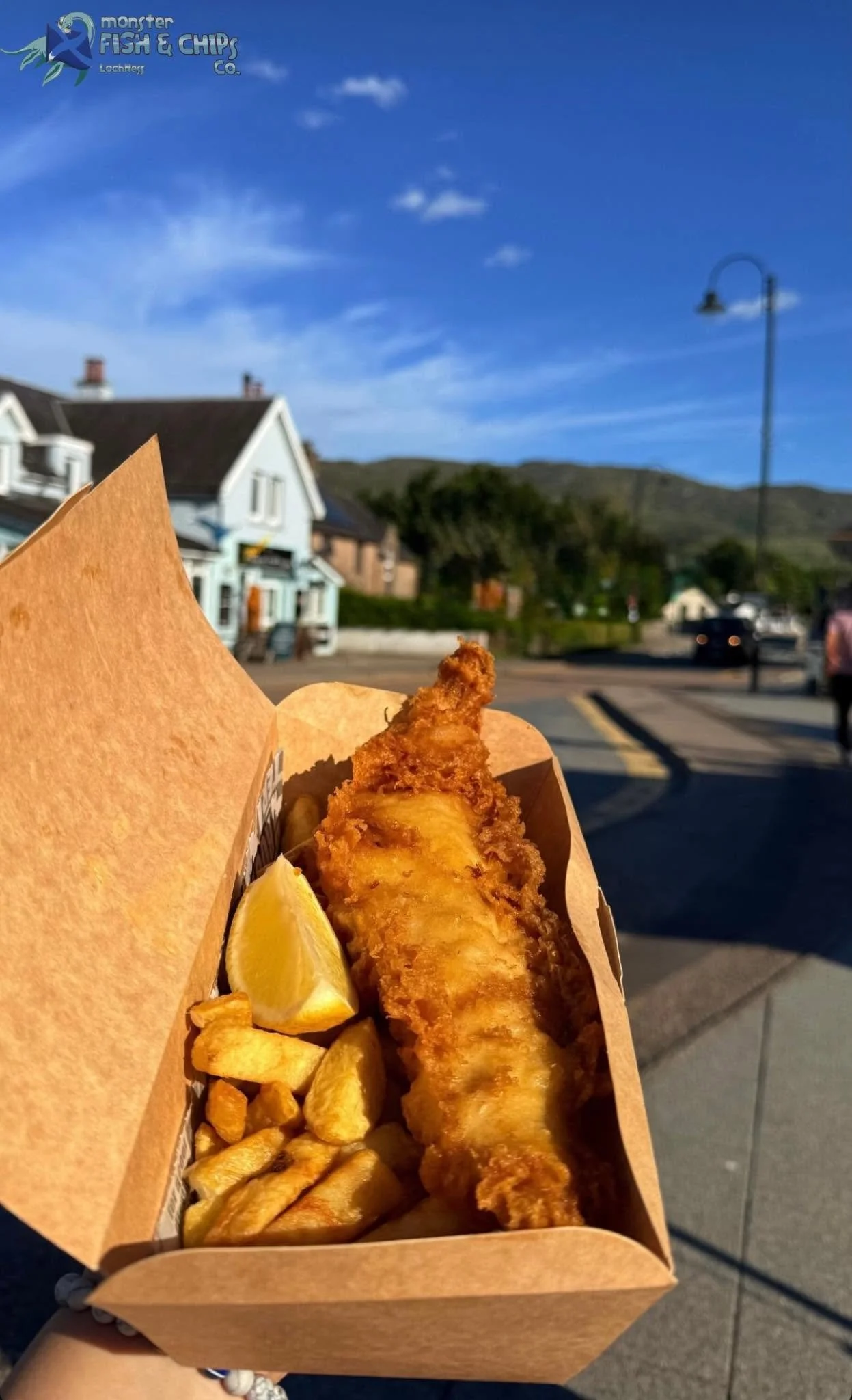 A serving of fish and chips with a lemon wedge, French fries, and coleslaw in a brown paper container, set against a blue sky and residential neighborhood with mountains in the background.