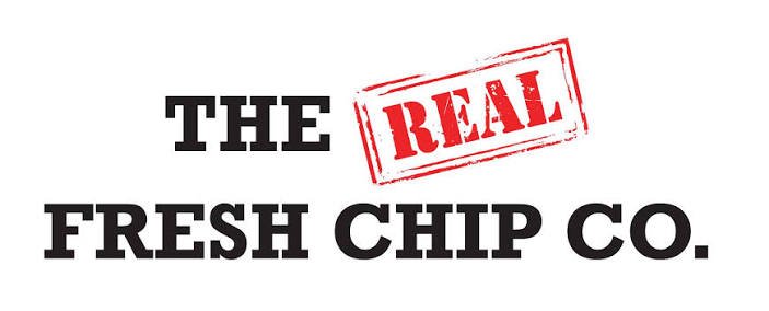 Logo for The Real Fresh Chip Co. with bold black text and a red stamp that says 'REAL'.