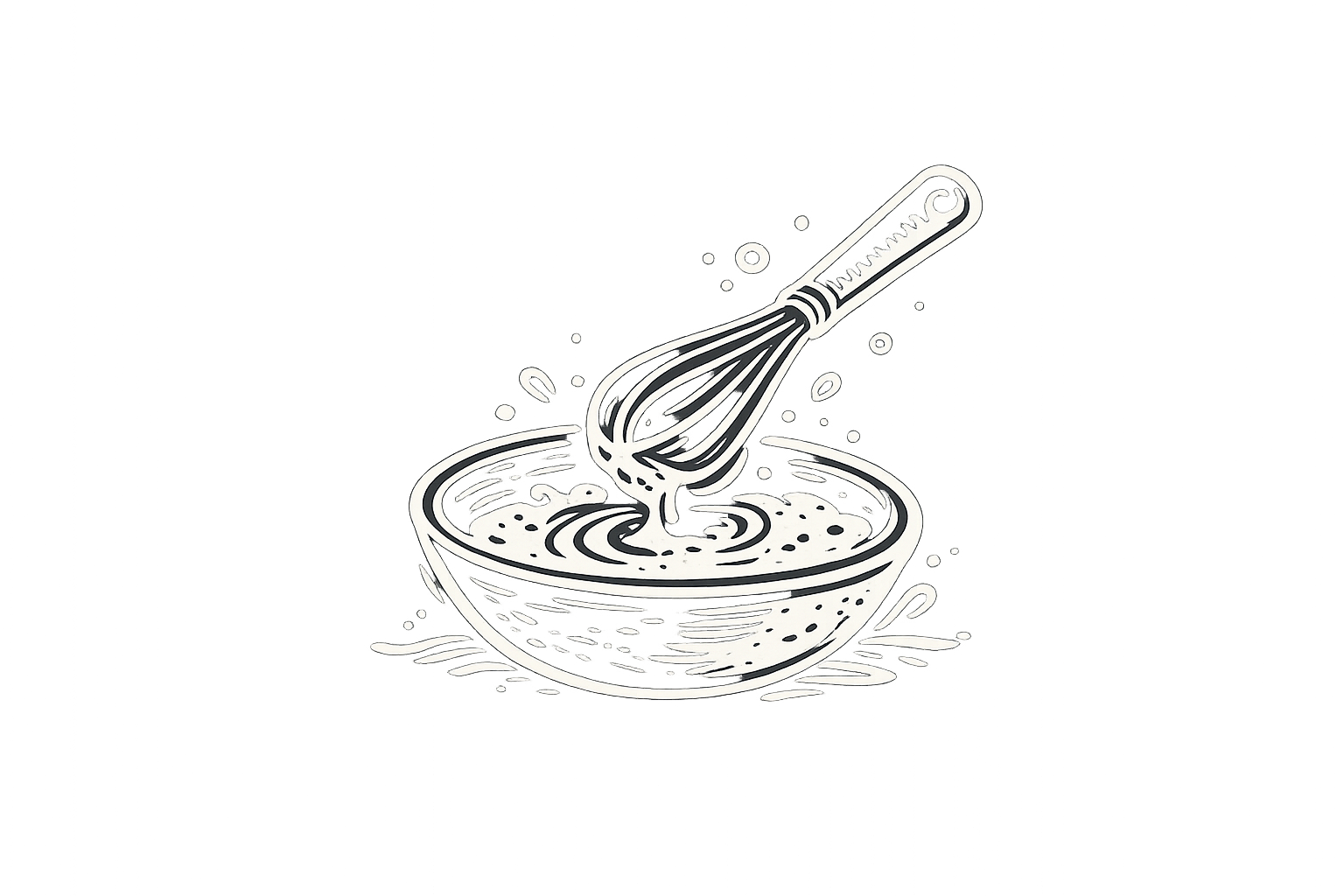 A black and white illustration of a whisk mixing ingredients in a bowl.