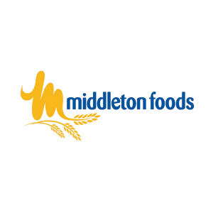 Middleton Foods logo featuring yellow stylized 'm' and a wheat stalk, with the company name in blue.