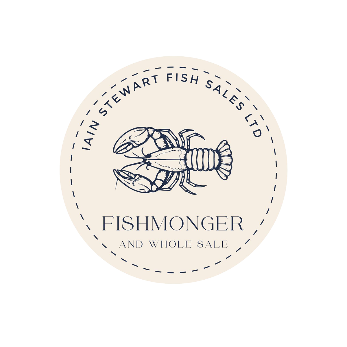 Logo for Ian Stewart Fish Sales Ltd featuring a line drawing of a lobster and text about the fishmonger and sale.
