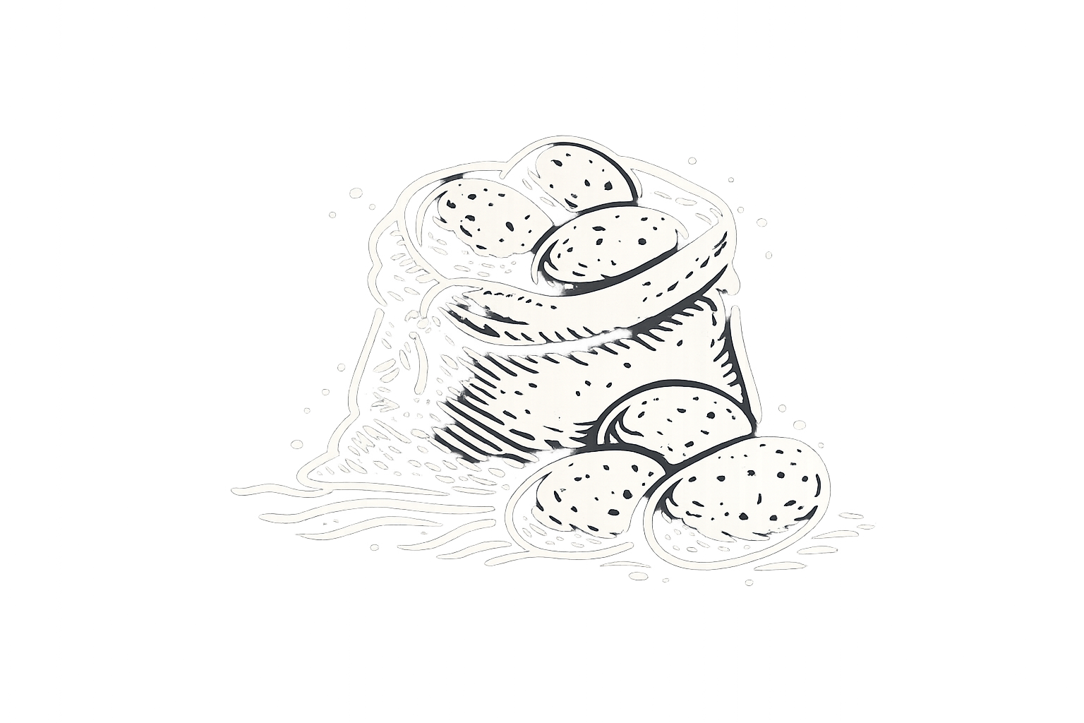Black and white sketch of a jar with a lid, containing several rounded cookies with small dots, some outside the jar on a surface.