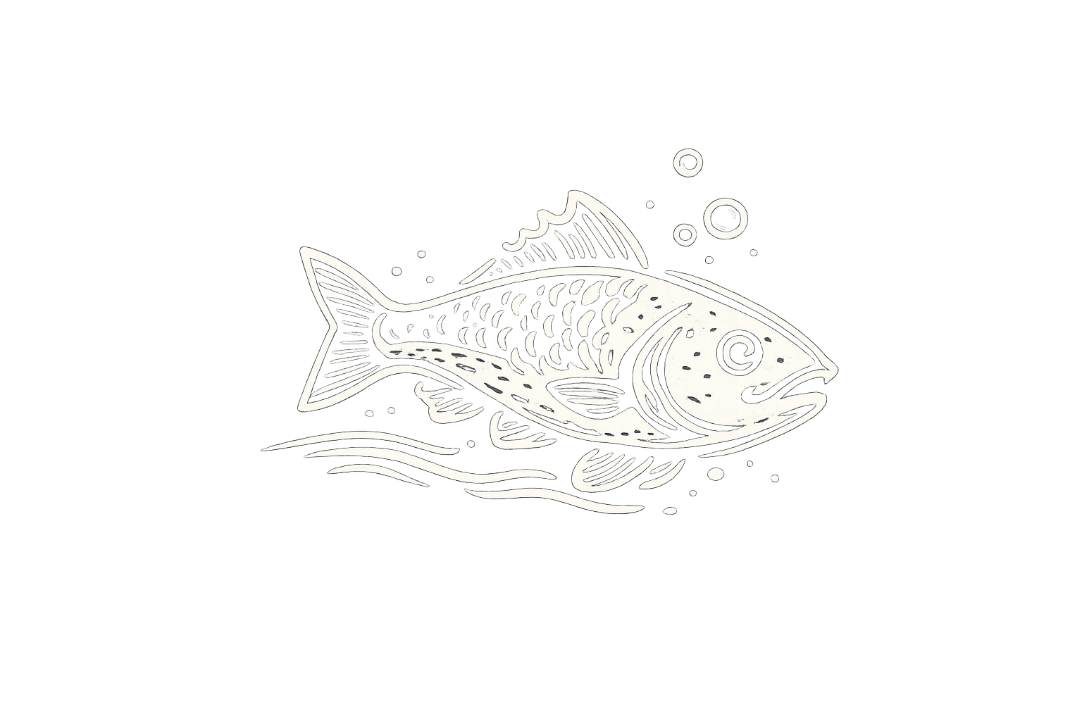 A line art drawing of a fish swimming among water waves.