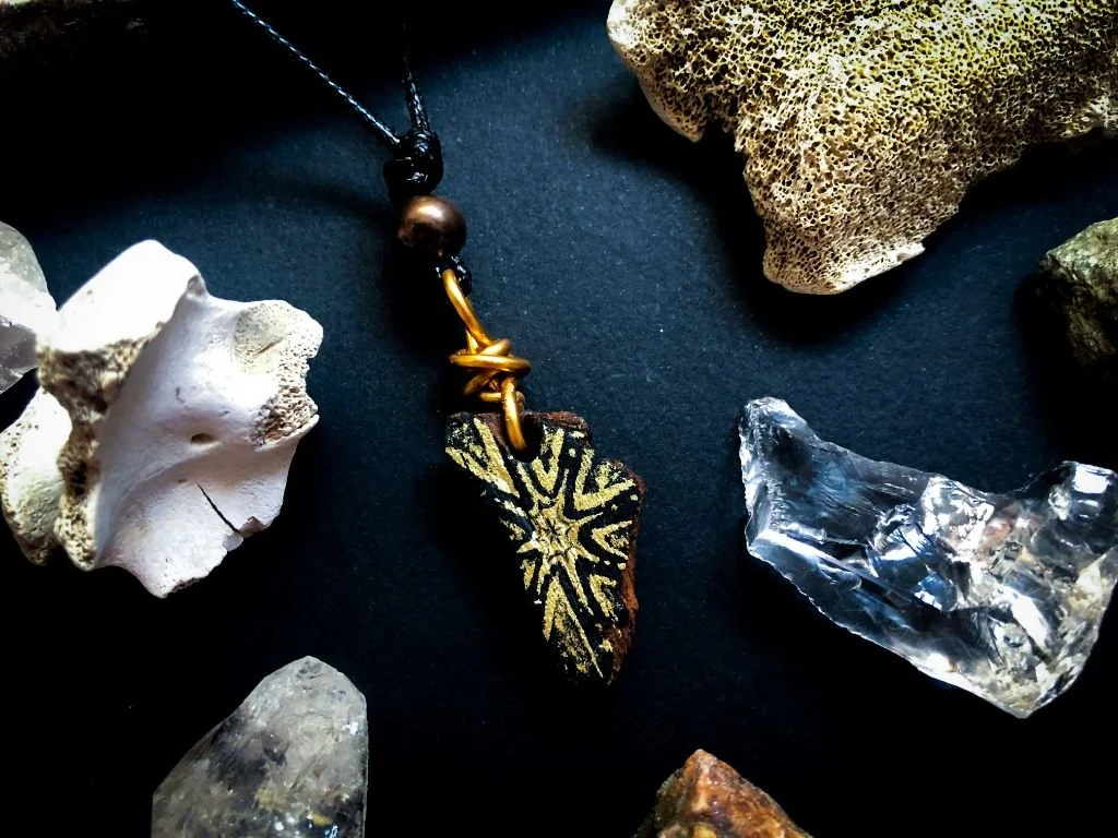 "Lucifer, Morning Star" Talisman Necklace.  
Acrylic painting on bark. 