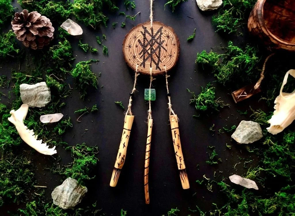 "Web of Wyrd" - Wind Chime Spirit ‑ Ward Talisman.  
Pyrography on wild ‑ gathered wood and glass.