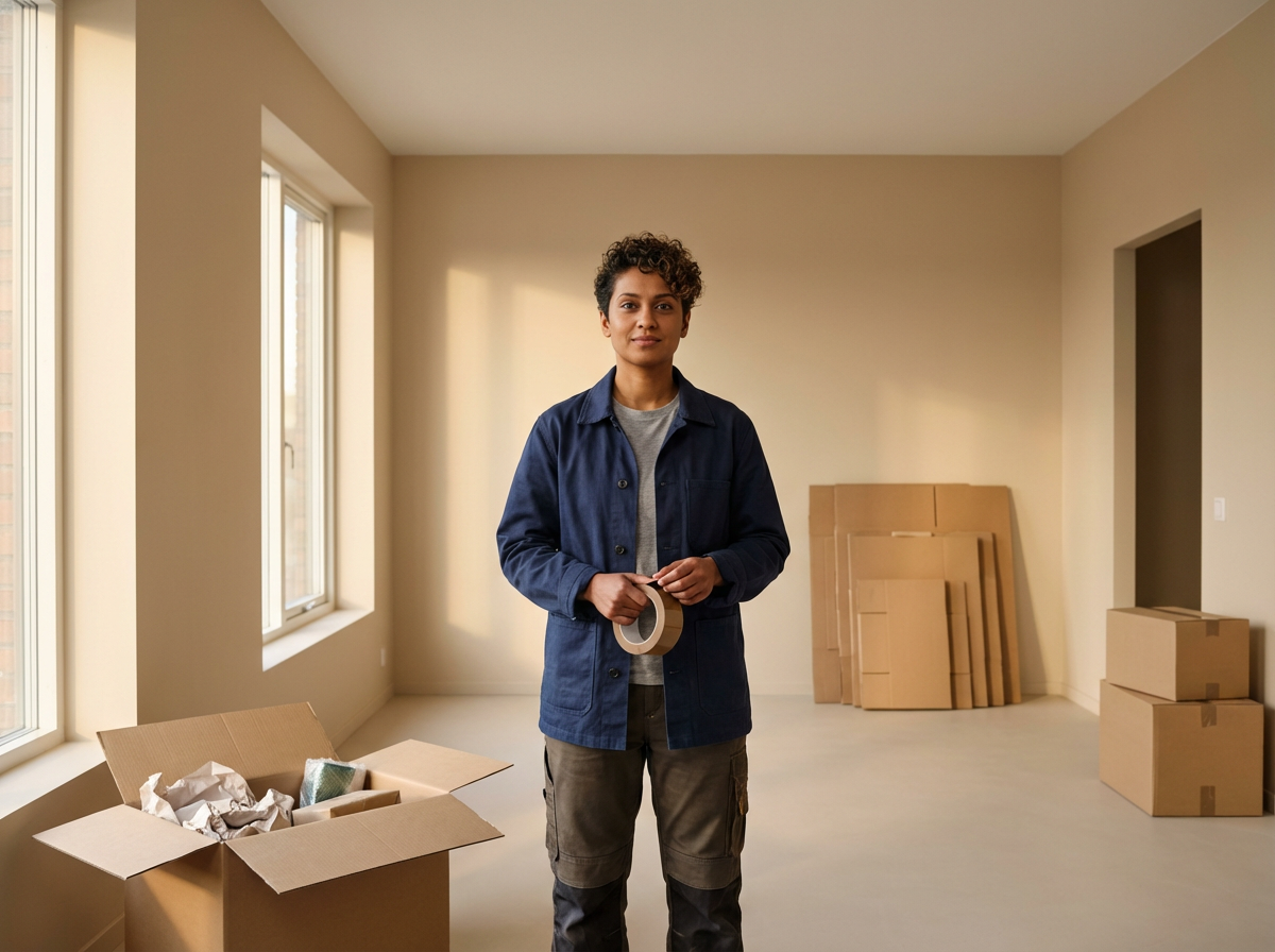 A woman holding painter's tape inside an empty room with boxes and packing materials, indicating a move or renovation.