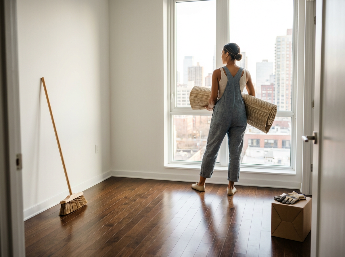 A woman in casual clothes standing in an empty room with hardwood floors, holding a rolled-up rug, looking out the window at a city skyline.