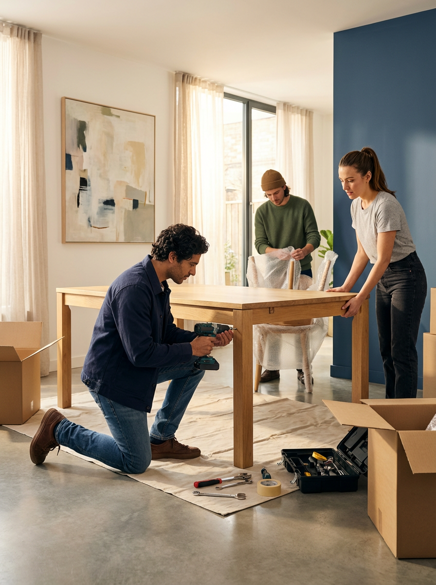 Three people assembling a wooden dining table in a bright living room, with tools and packing boxes nearby.