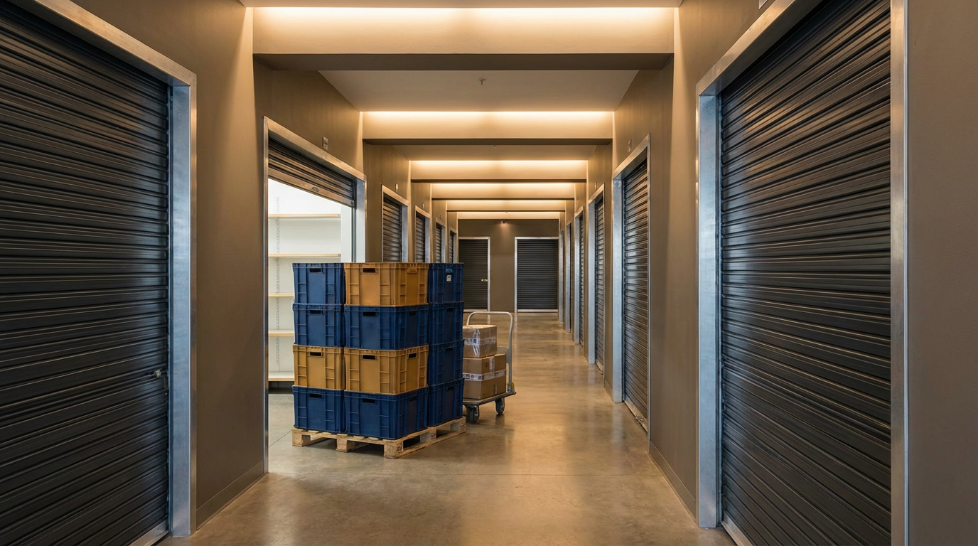 Empty storage unit hallway with roller shutter doors, a cart with boxes, and a pallet of crates.