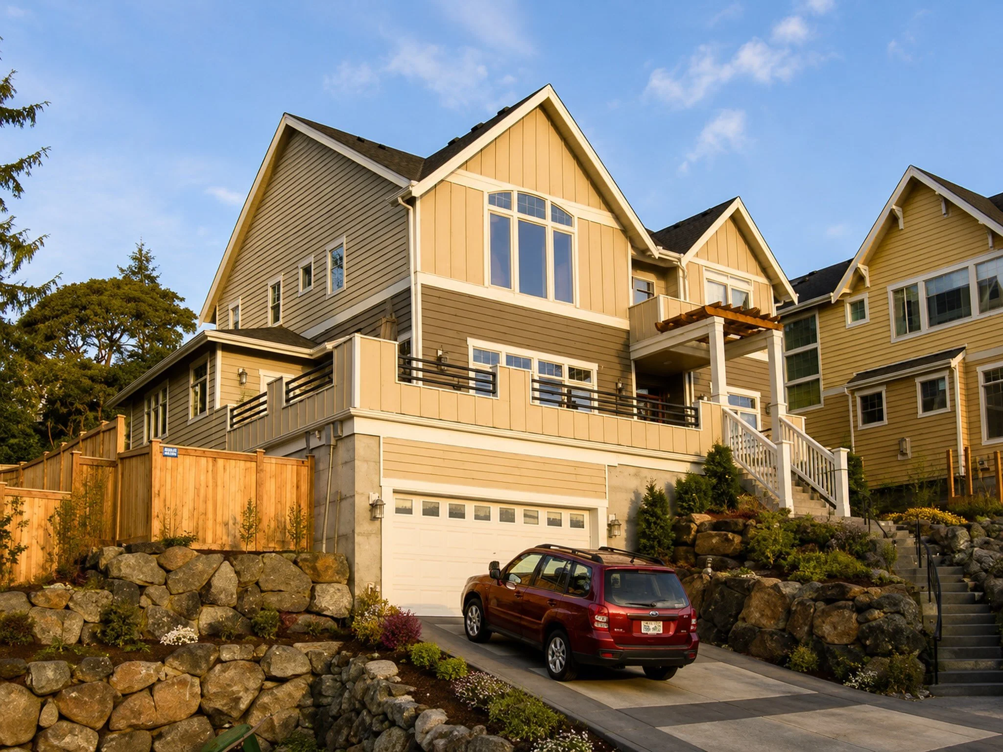 A yellow multi-story house with multiple gable roofs, large windows, a balcony, and a garage, situated on a slope with a paved driveway, a red car parked, and landscaped rocks and plants in the foreground.