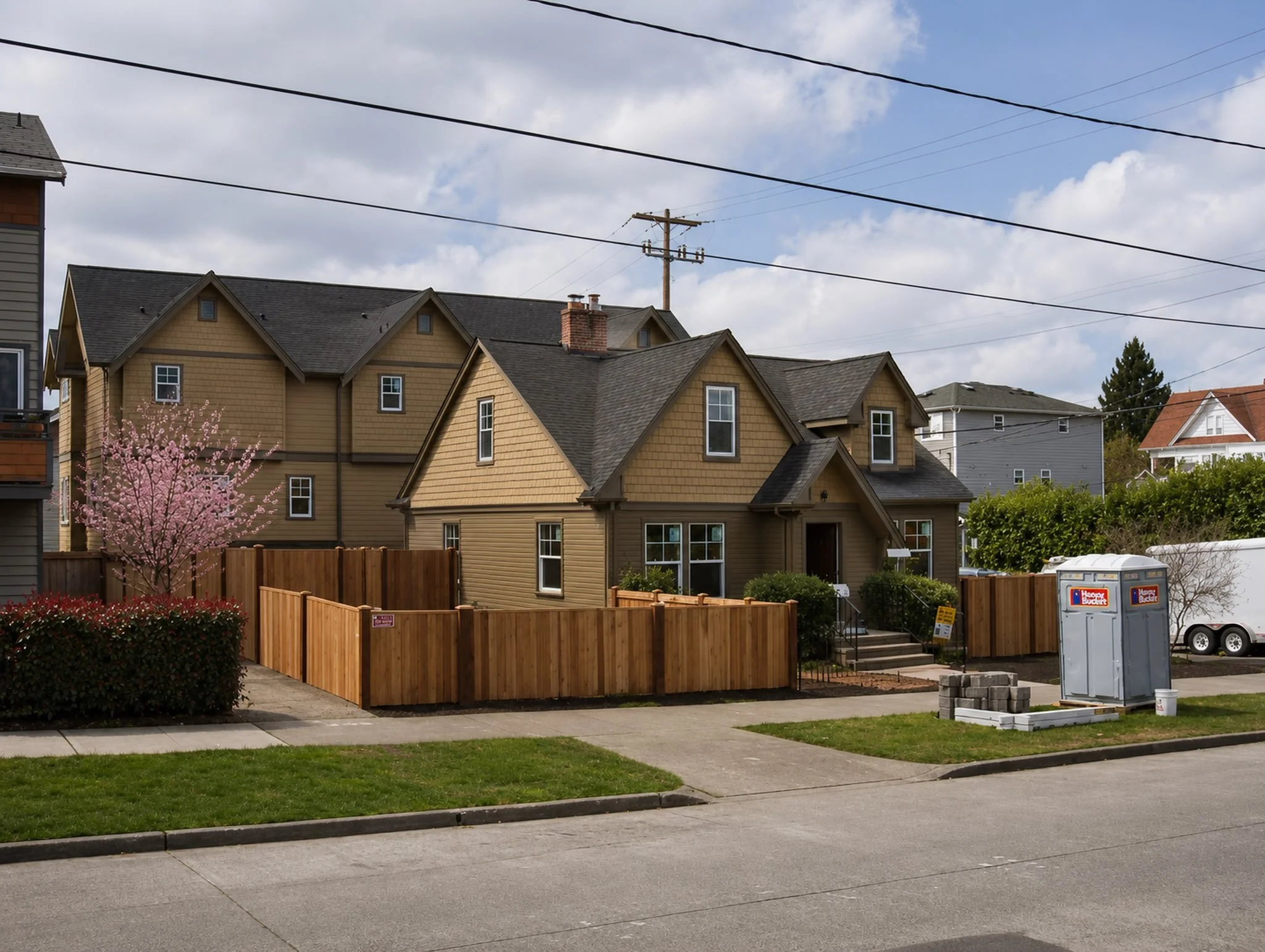 A residential neighborhood with a yellow house, a pink-flowered tree, a wooden fence, and a street with a sidewalk. There is an overcast sky with clouds and power lines overhead.