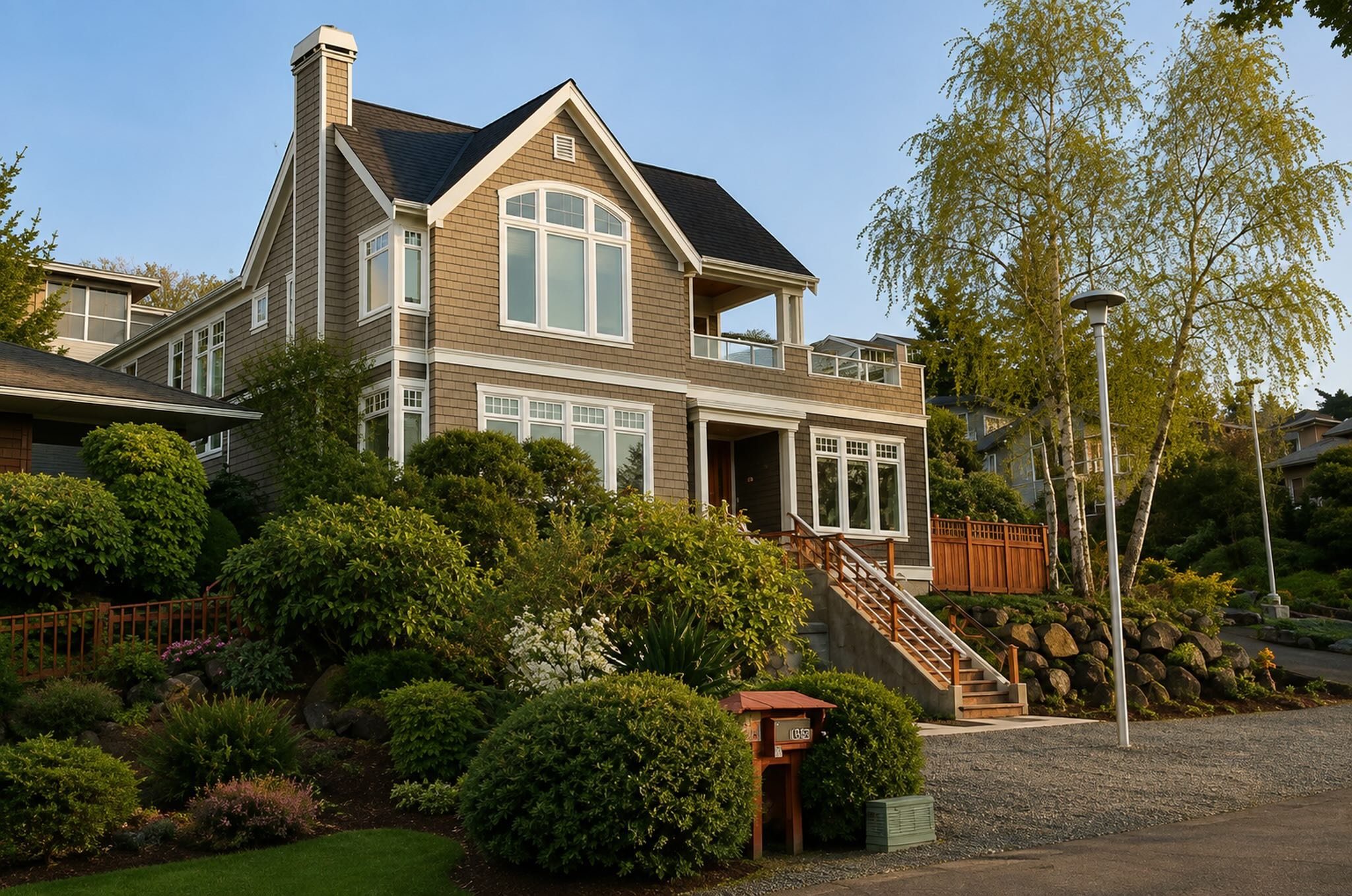 A two-story house with a beige shingle exterior, large windows, and a balcony, surrounded by lush greenery and trees, with a gravel driveway and a wooden staircase leading to the front door, under a clear blue sky.