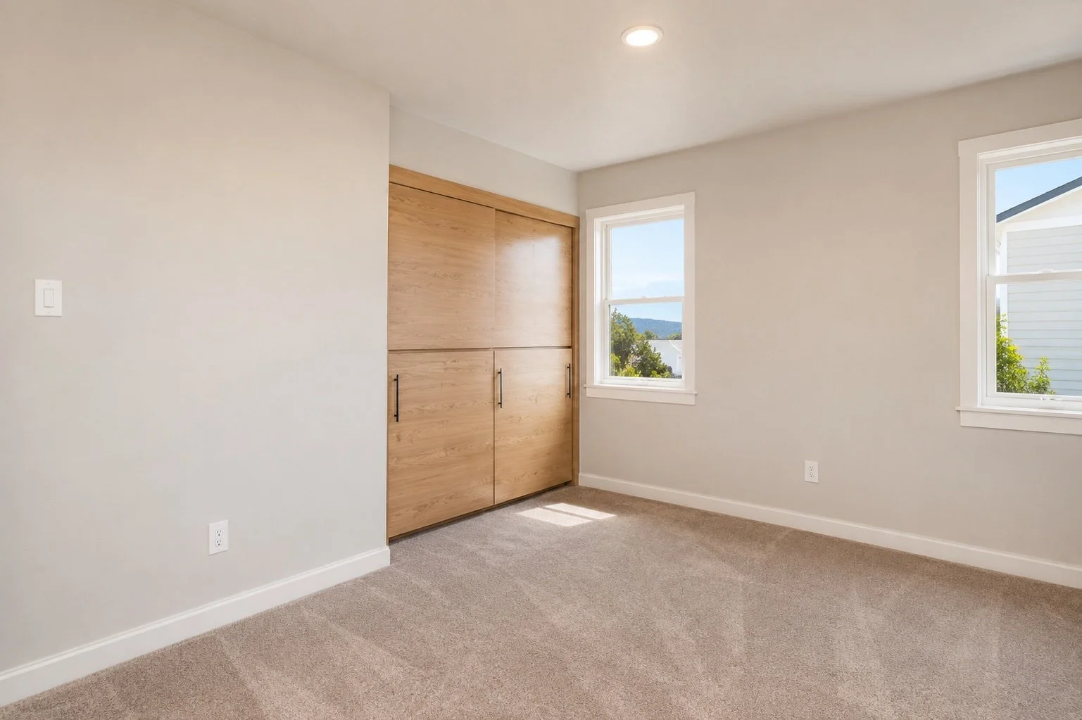 Empty bedroom with beige carpet, white walls, two windows with views of blue sky and trees, and a wooden closet door.
