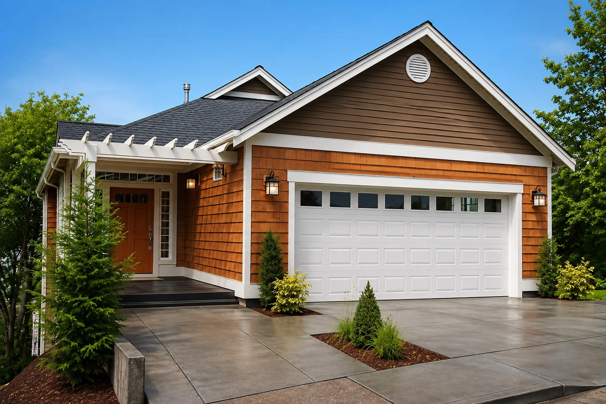 Front exterior of a modern house with a white garage door, wooden and brown siding, and a small porch with plants and shrubs in the yard.