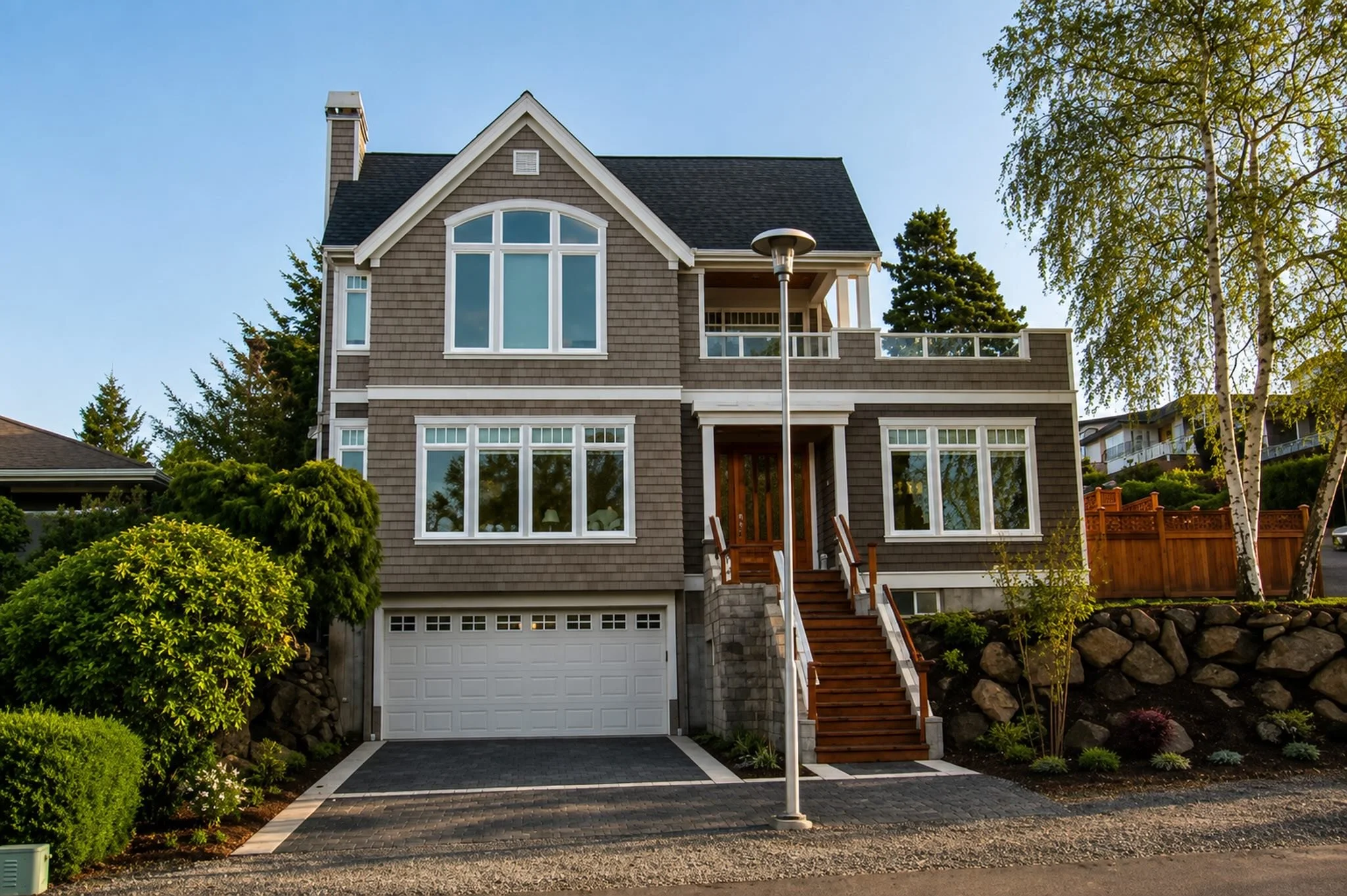 A modern two-story house with gray shingles, large windows, a wooden staircase leading to the front door, a garage below, and trees with blue sky in the background.