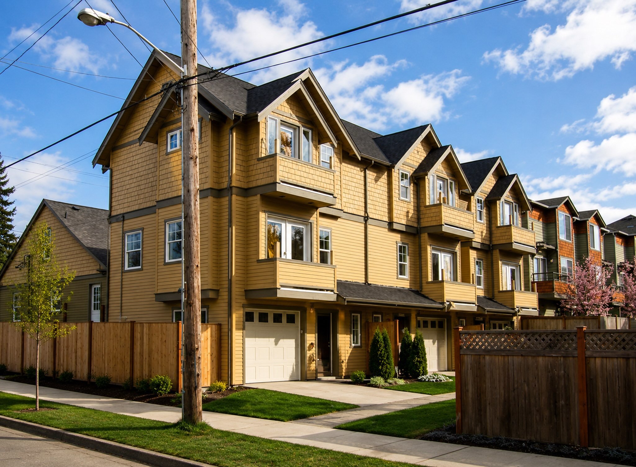 A row of modern townhouses with yellow wooden siding, multiple small windows, and a garage door, surrounded by a wooden fence, with a sidewalk and a grassy yard in the foreground and a utility pole with power lines in front, under a partly cloudy blu