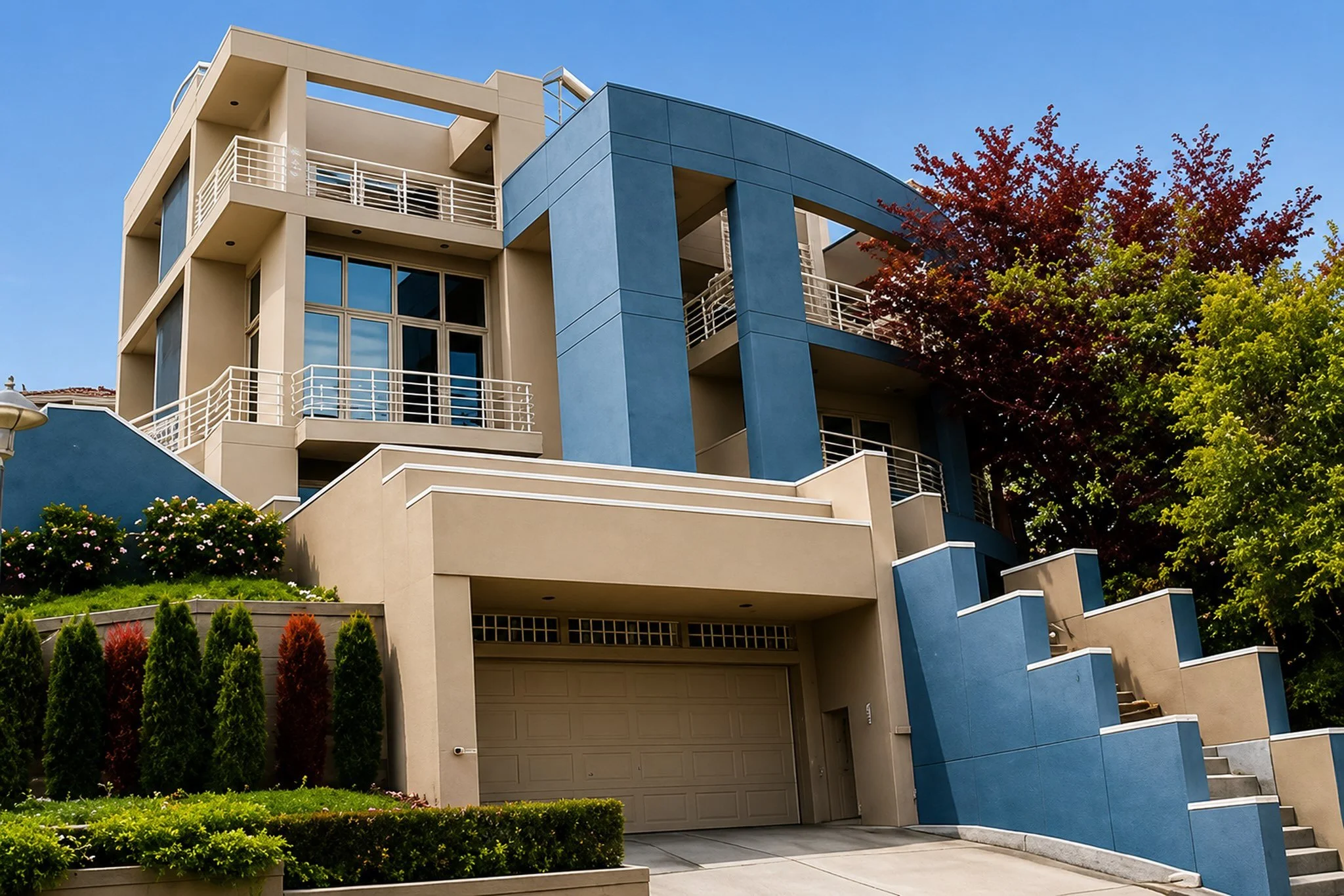 A modern multi-story house with blue and beige exterior walls, large windows, balconies with white railings, and surrounded by colorful trees and landscaping.