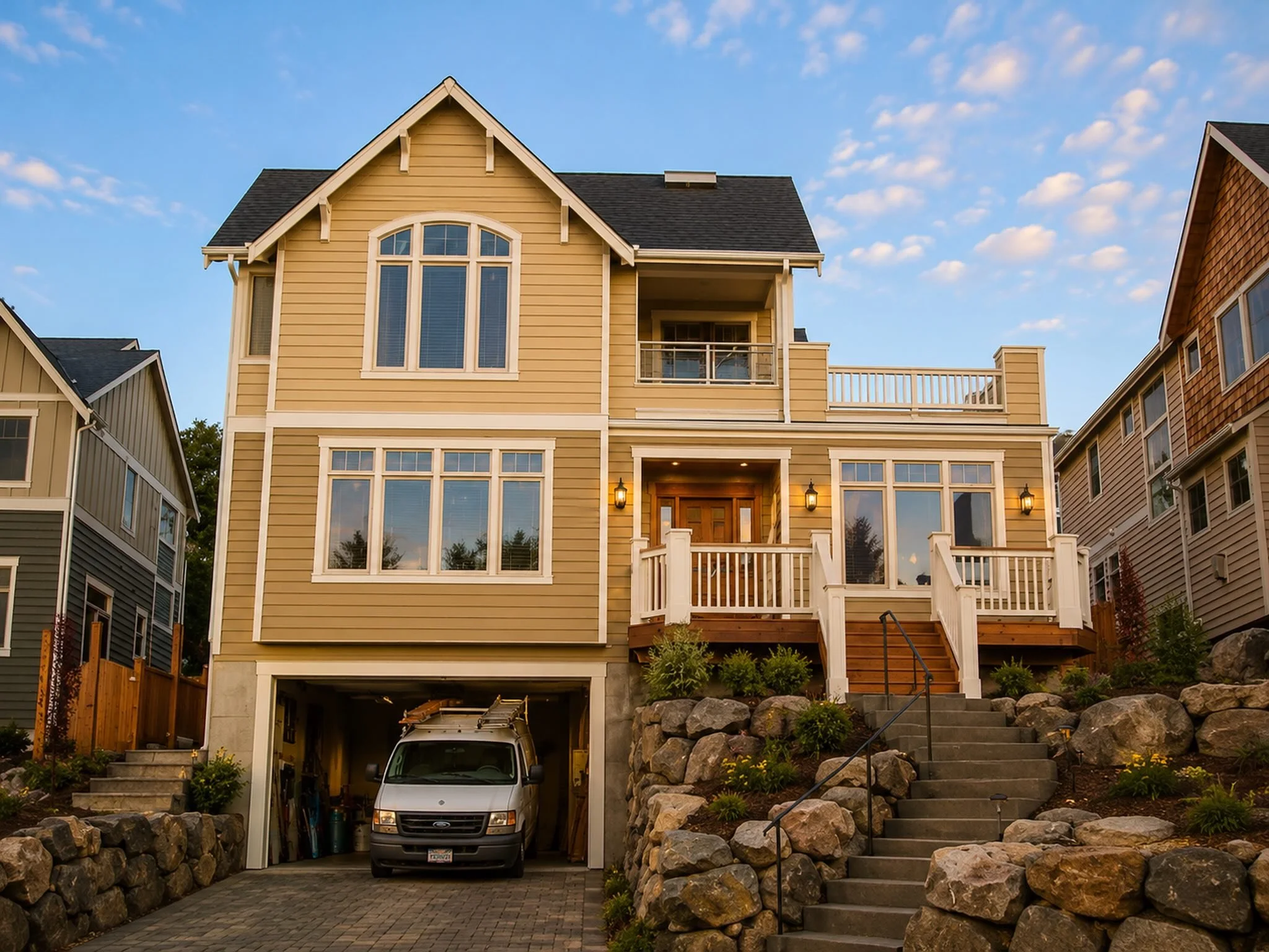 A multi-story house with a beige exterior, large windows, a garage on the ground level with a white van parked inside, and a staircase leading up to a balcony on the second floor. The house features a steep roof and exterior lighting beside the front