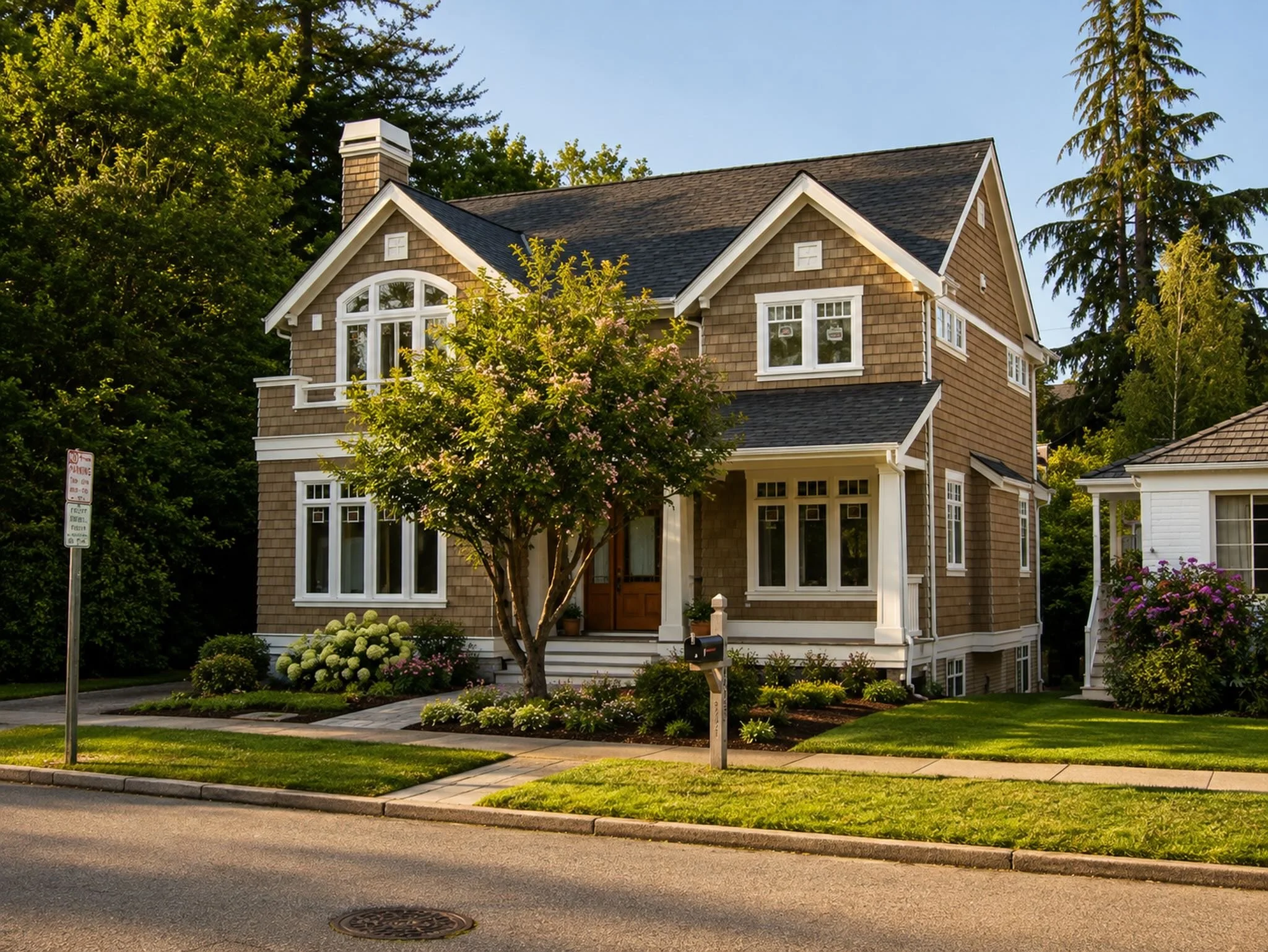 A two-story home with brown shingle siding, white trim, and multiple windows, situated on a well-maintained lawn with blooming plants and trees. A sidewalk runs along the street in front of the house.