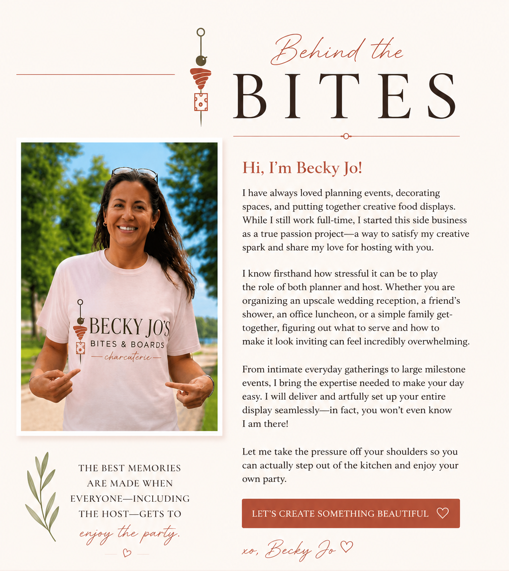 A promotional webpage for Becky Jo's Bites & Boards, featuring a woman in a pink T-shirt with the company's logo, standing outdoors with trees and blue sky in the background.