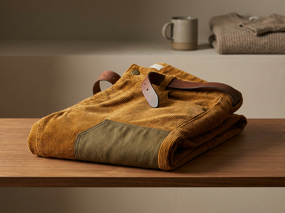 A folded pair of mustard yellow corduroy pants with a brown leather belt on top, resting on a wooden surface. In the background, there is a beige mug and a folded beige sweater.
