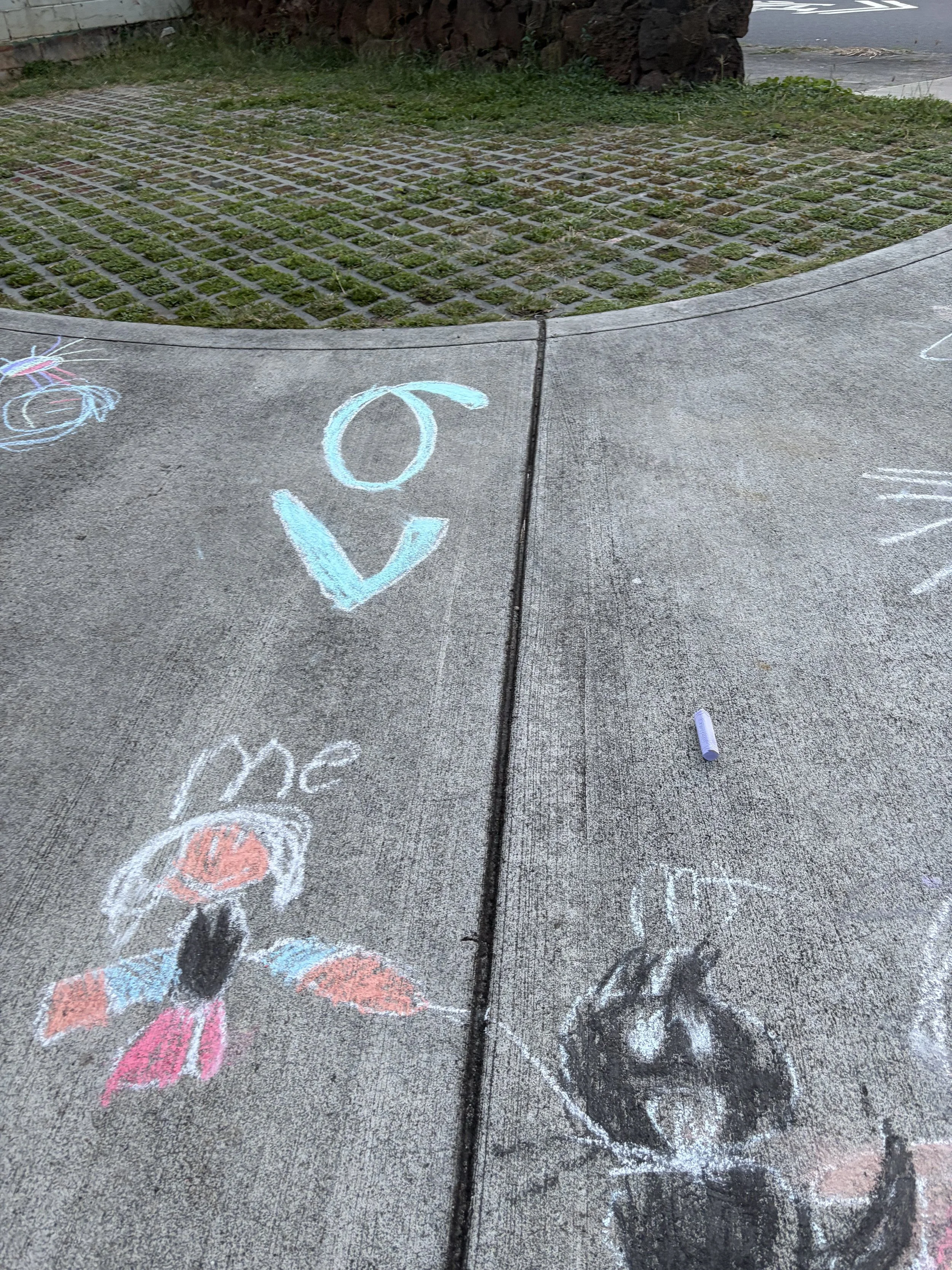 Sidewalk with colorful chalk drawings of a girl with dark hair and flowers, and the word 'love' above her head. There are additional partial chalk drawings and words visible on the sidewalk.