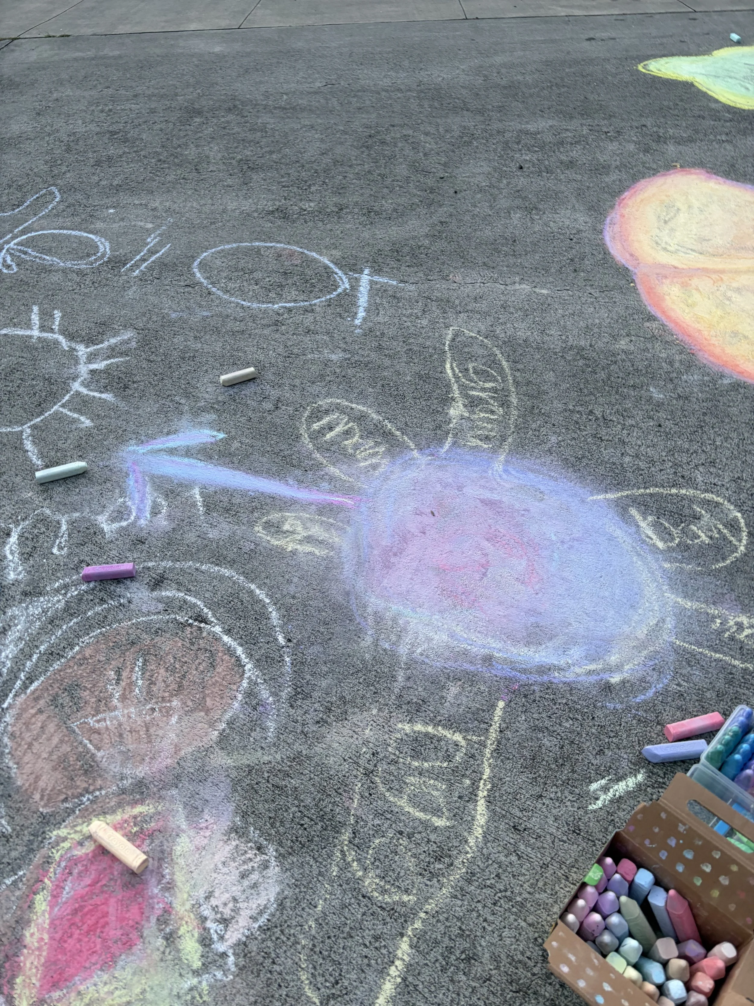 Colorful chalk drawings on pavement, including a butterfly, flowers, and various shapes, with chalk pastels scattered around.