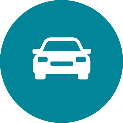 Icon of a white car on a teal circular background.