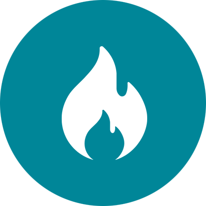Icon of a white flame inside a teal circle