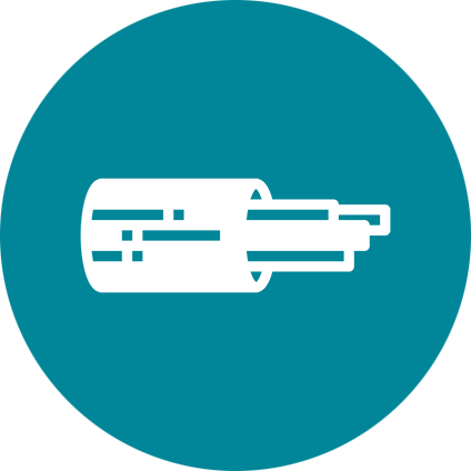 Icon of a hydrogen molecule with two connected circles and a line representing a bond, on a teal circular background.