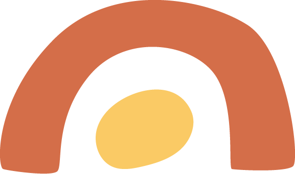 Illustration of a rainbow with a yellow oval shape underneath it.
