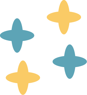 Four star-shaped objects in yellow and blue on a black background.