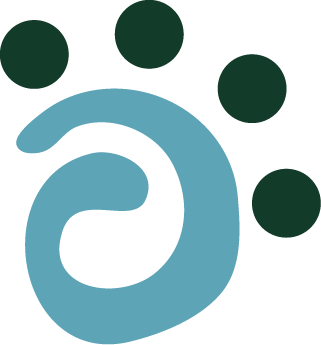 A logo with a blue spiral curl surrounded by five dark green dots.