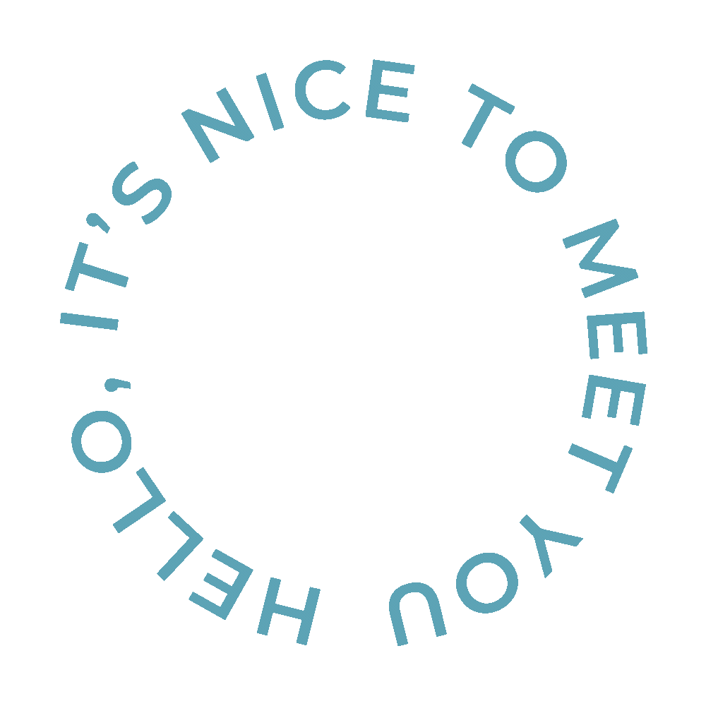 A circular logo with the text "It's nice to meet you" arranged around the edges.