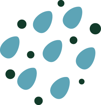 Abstract graphic with light blue oval shapes and small dark green circles scattered on a black background.
