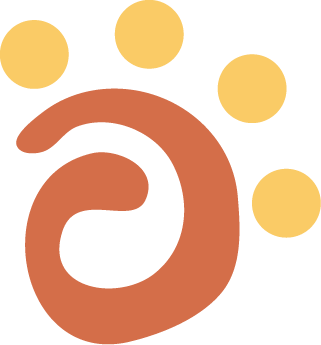 A stylized spiral surrounded by six yellow dots on a black background.