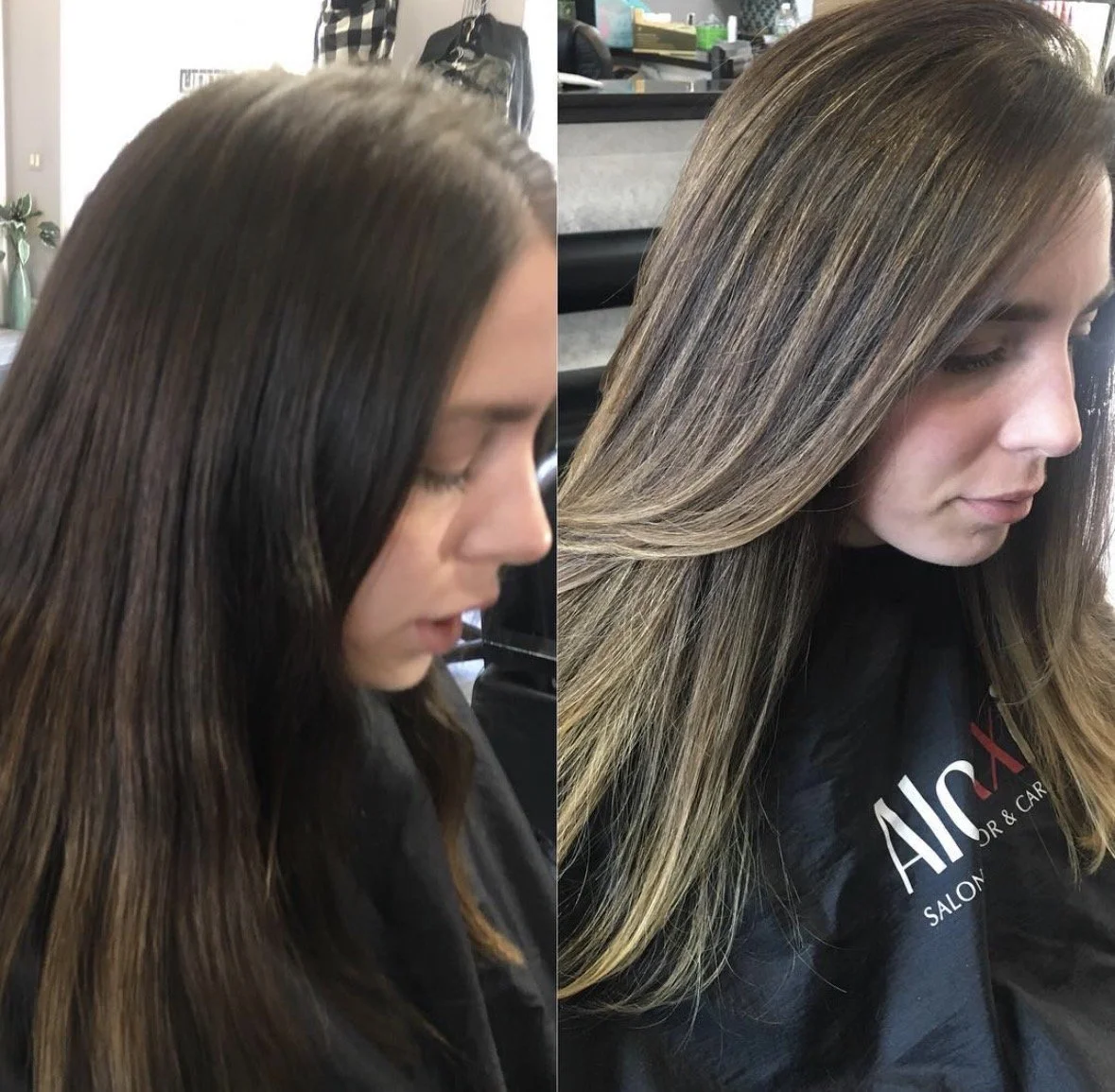 Side-by-side comparison of a woman's hair before and after a professional hair coloring, showing a transformation from dark brown to multi-dimensional highlights.